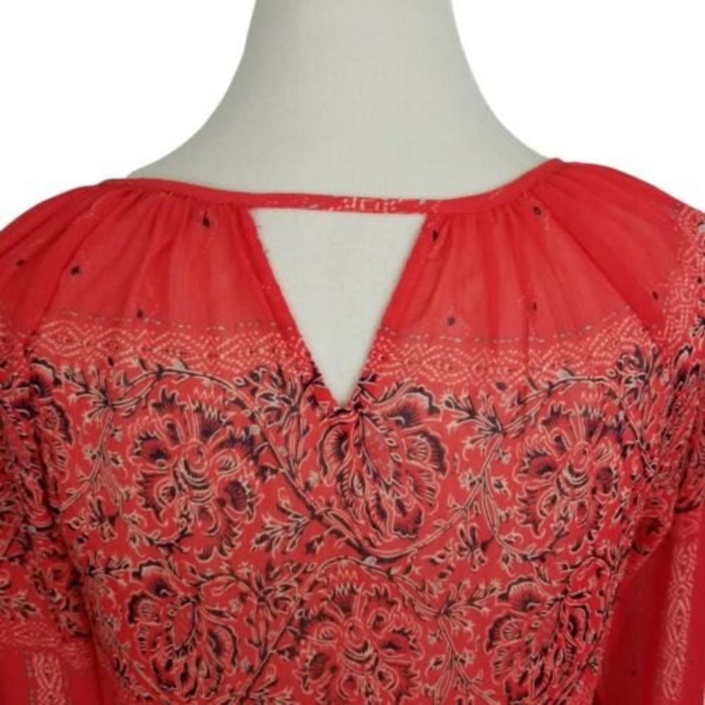 Lucky Brand Orange Blouse Medium Paisley Tie Neck Smocked Waist Top Boho Peasant - Picture 6 of 12